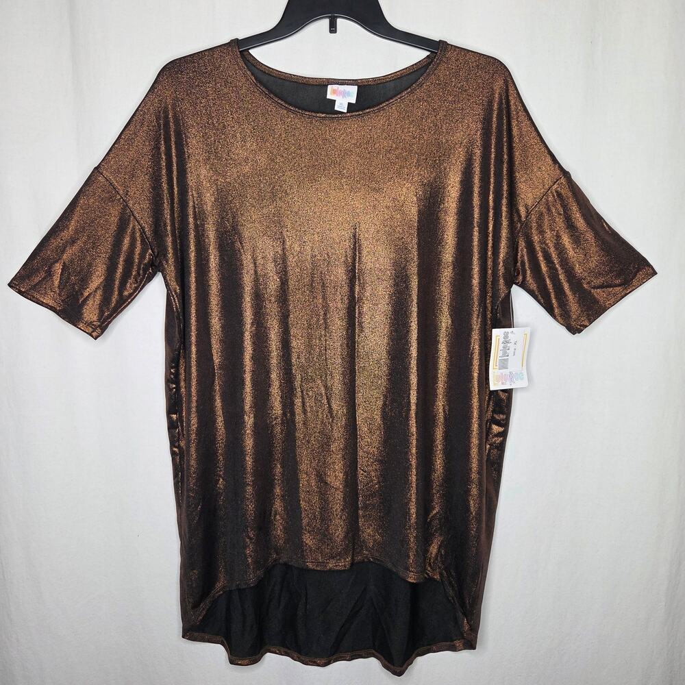 LuLaRoe Elegant Irma Copper Brown Foil Metallic Tee Shirt Tunic NEW XL